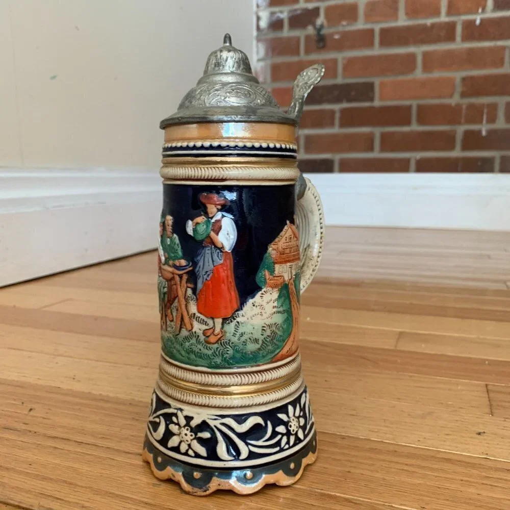 Vintage German Beer Stein Handgemalt with Pewter Lid